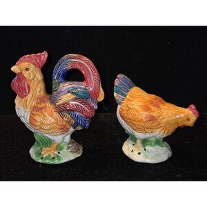 Vintage Ceramic Rooster & Hen Salt And Pepper Shakers Colorful Hand-Painted Farm